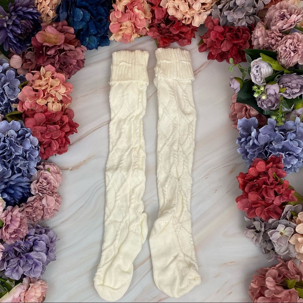 Sexy Over Knee White Cable Knit Socks with Pom Poms - Picture 10 of 13